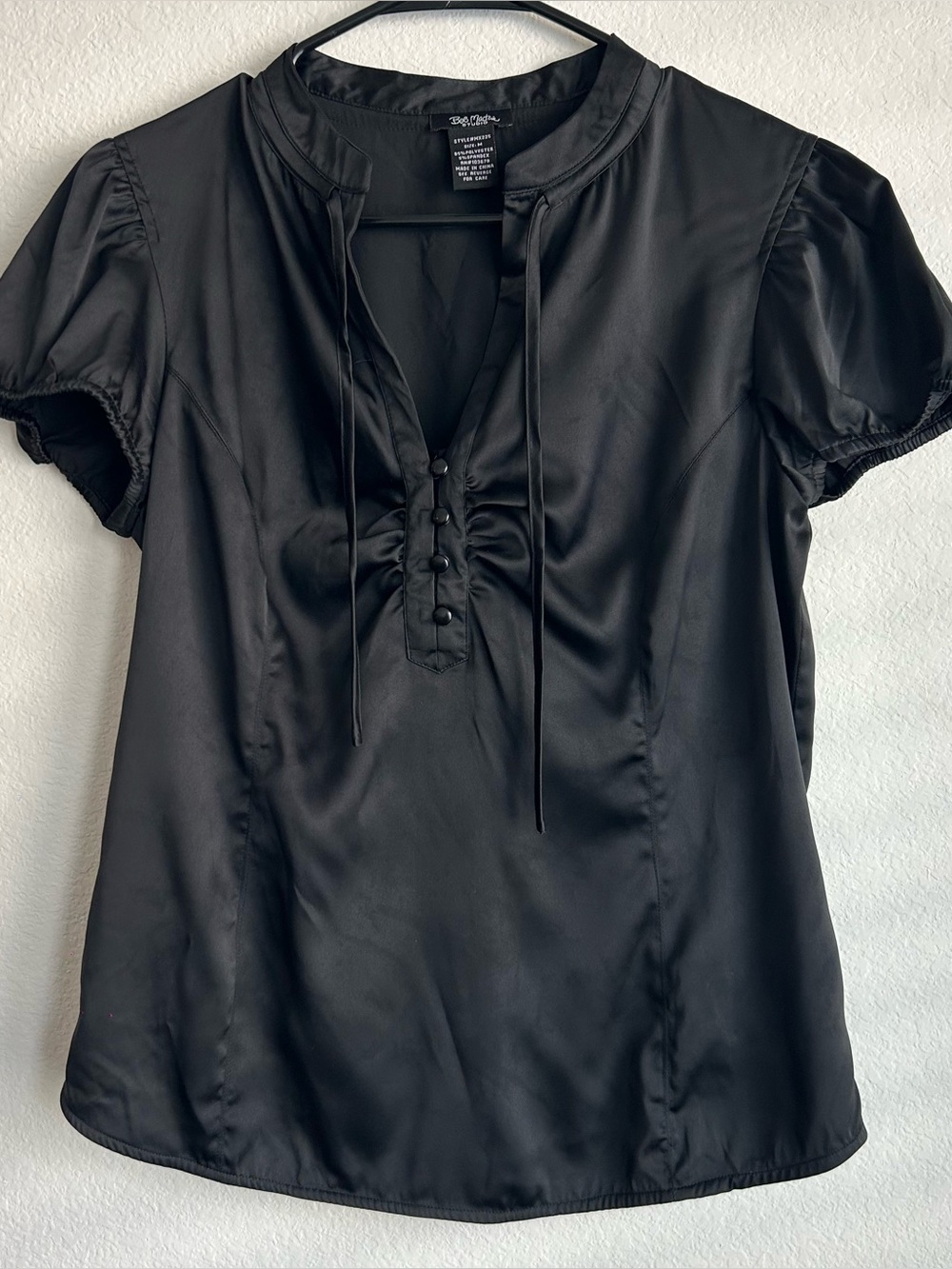 Studio Black Satin Tie-Neck Short Sleeve Blouse